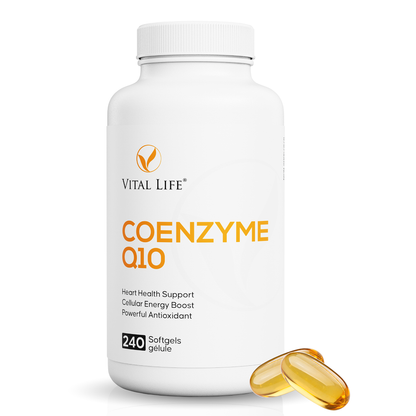 Vital Life Coenzyme Q10 supplement bottle with capsules on a white background