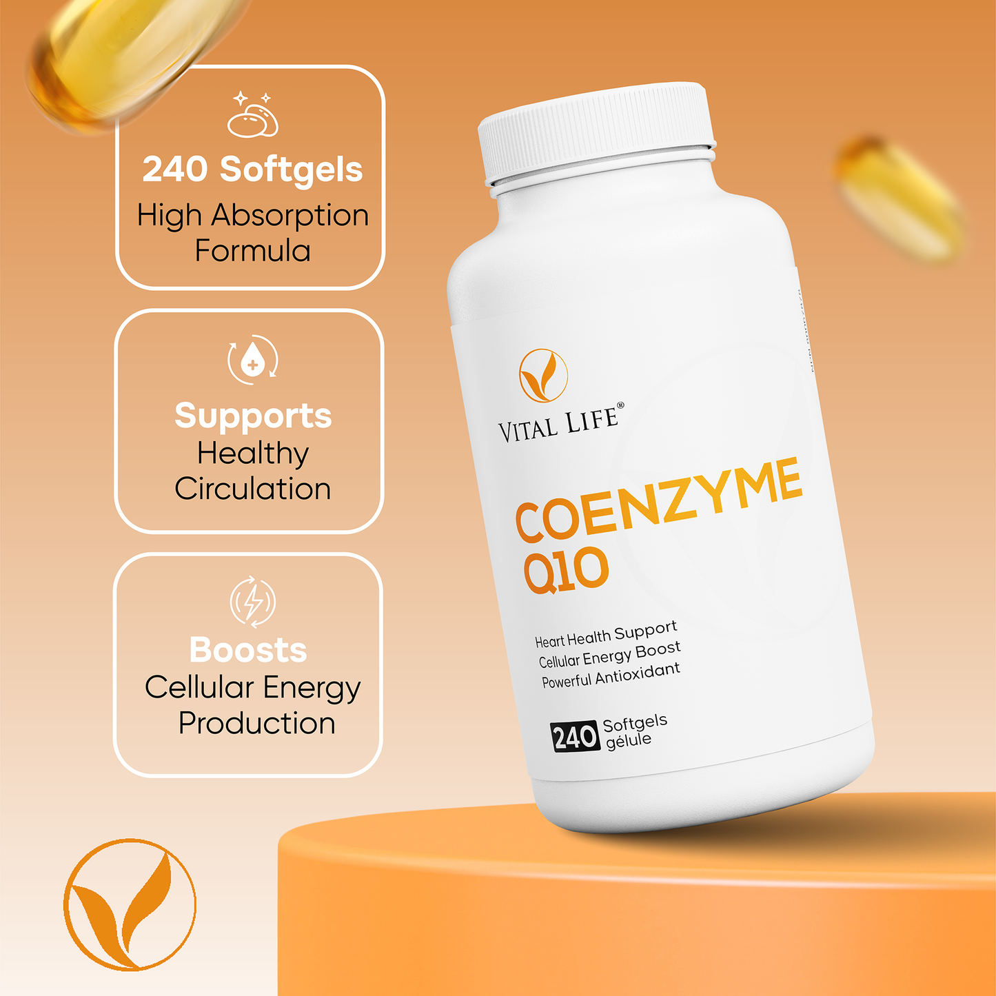 Vital Life Coenzyme Q10 supplement bottle with product features on an orange background