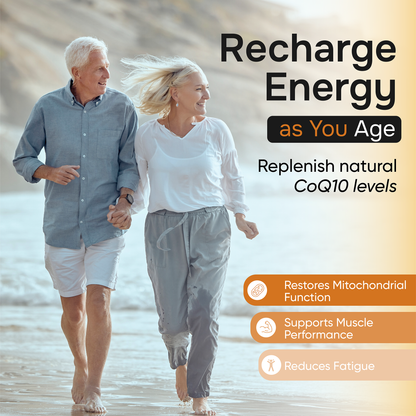 Senior couple walking on a beach with text about energy recharge and CoQ10 benefits.