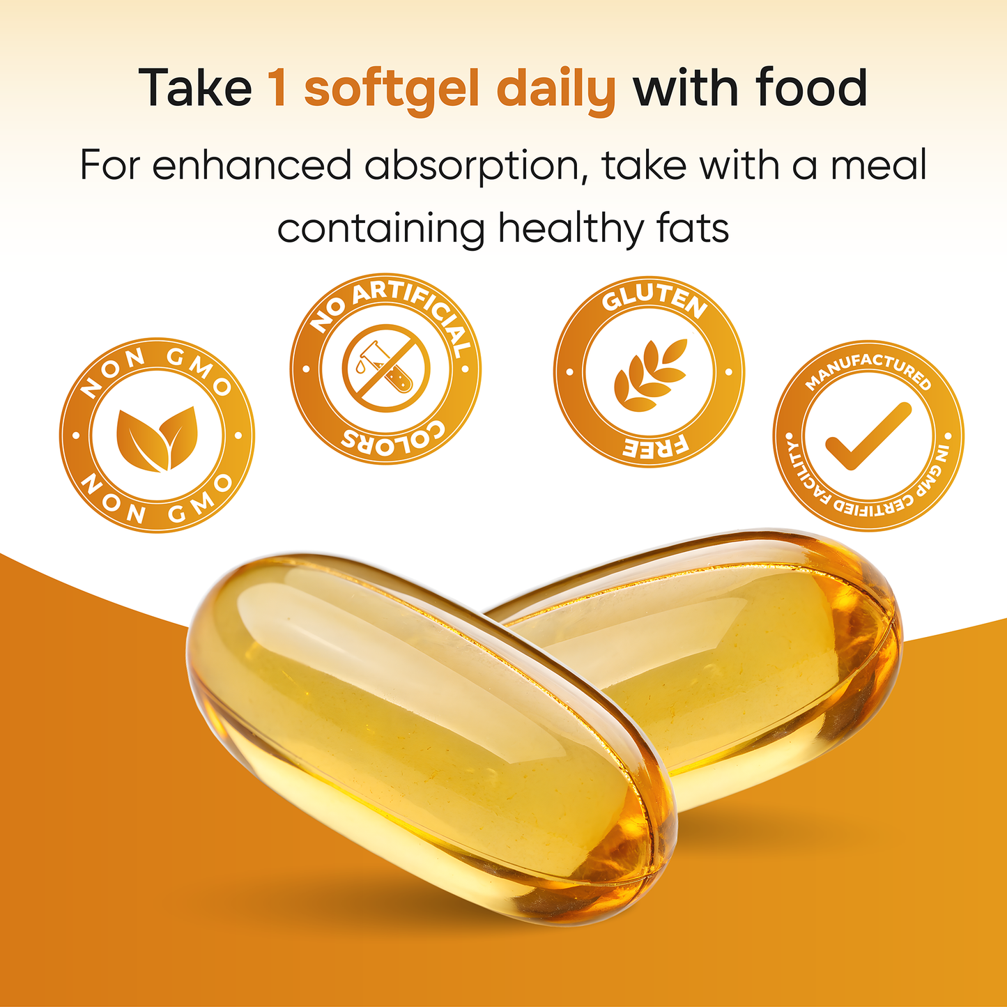 Two softgels with certification icons and text about taking a softgel daily with food.