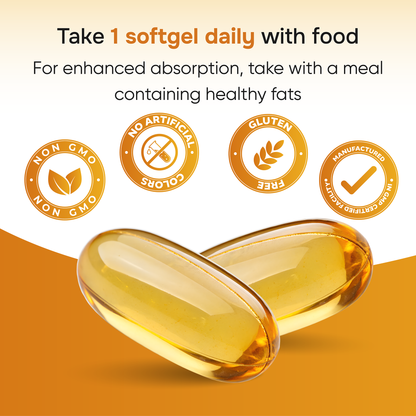 Two softgels with certification icons and text about taking a softgel daily with food.