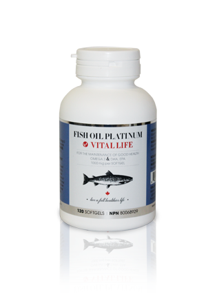 Fish oil supplement bottle labeled 'Vital Life' on a white background