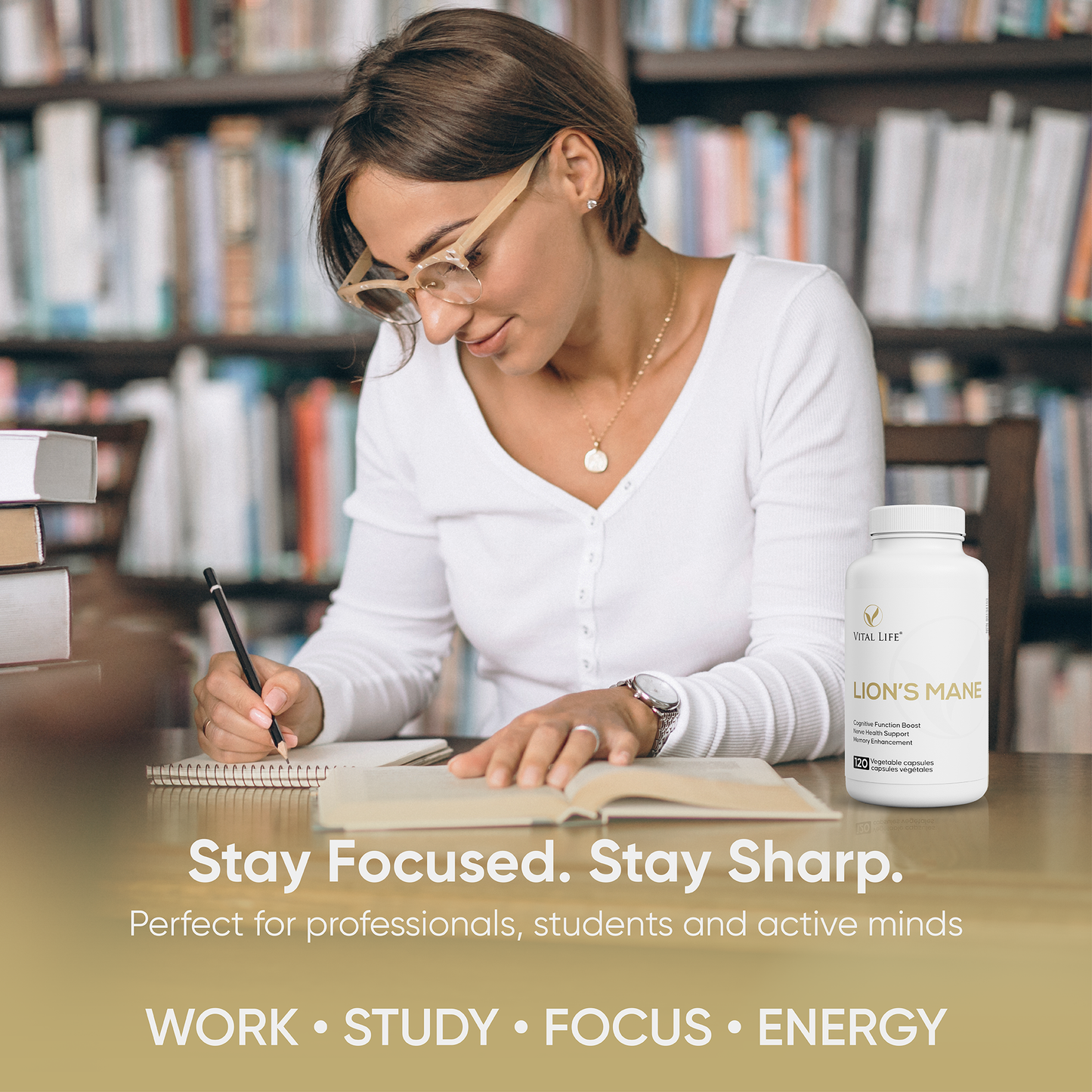 Woman studying with a bottle of Lions Mane supplement in a library setting