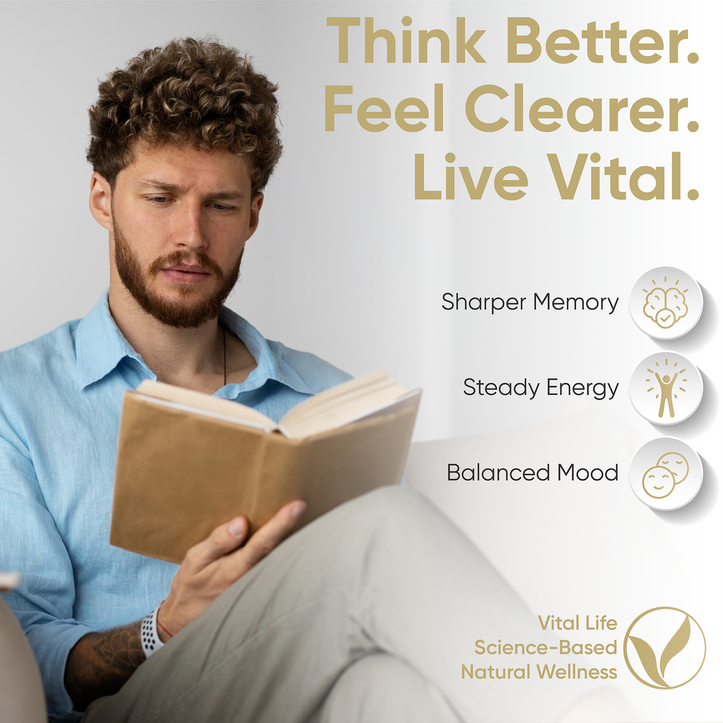 Man reading a book with motivational text and wellness benefits on a light gray background
