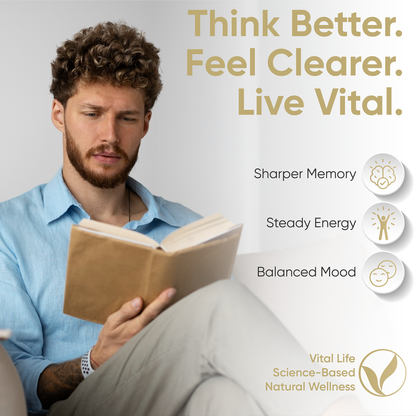 Man reading a book with motivational text and wellness benefits on a light gray background