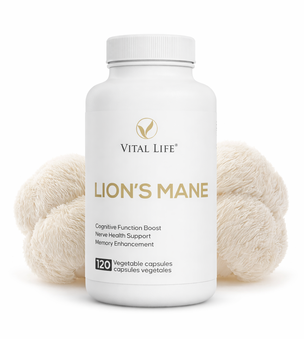 Vital Life Lions Mane supplement bottle with lion's mane mushroom on a white background