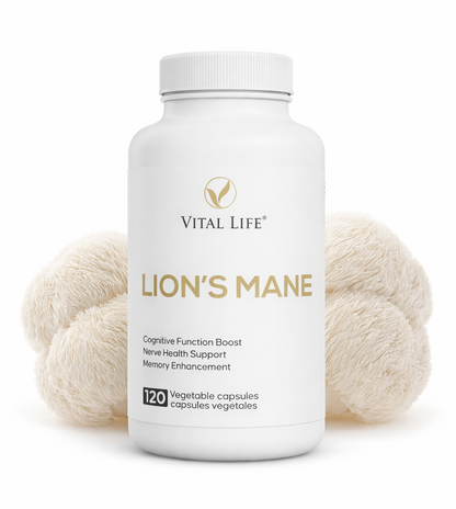 Vital Life Lions Mane supplement bottle with lion's mane mushroom on a white background