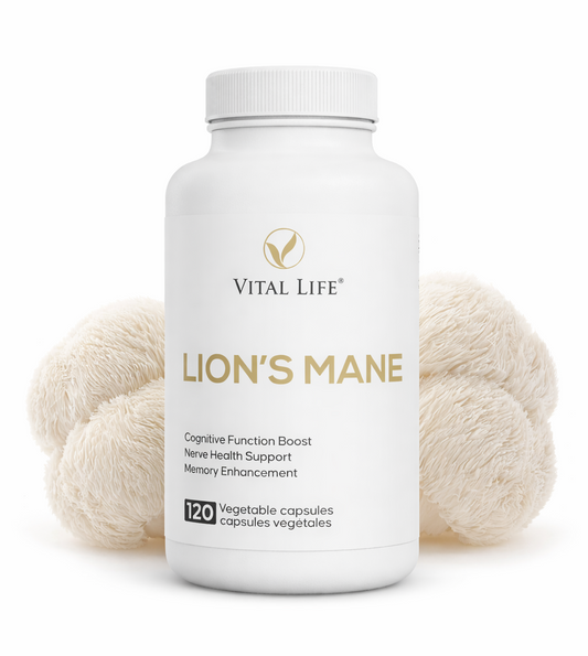 Vital Life Lions Mane supplement bottle with lion's mane mushroom on a white background