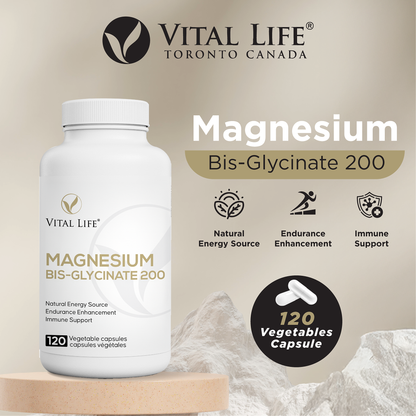 Vital Life Magnesium Bis-Glycinate 200 supplement bottle with product details on a beige background