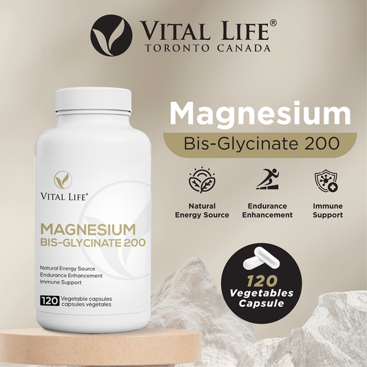 Vital Life Magnesium Bis-Glycinate 200 supplement bottle with product details on a beige background