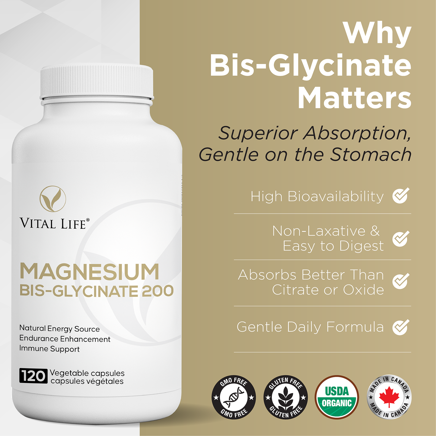 Vital Life Magnesium Bis-Glycinate 200 supplement bottle with product details on a beige background