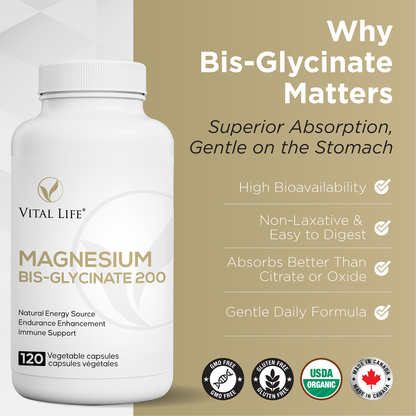 Vital Life Magnesium Bis-Glycinate 200 supplement bottle with product details on a beige background