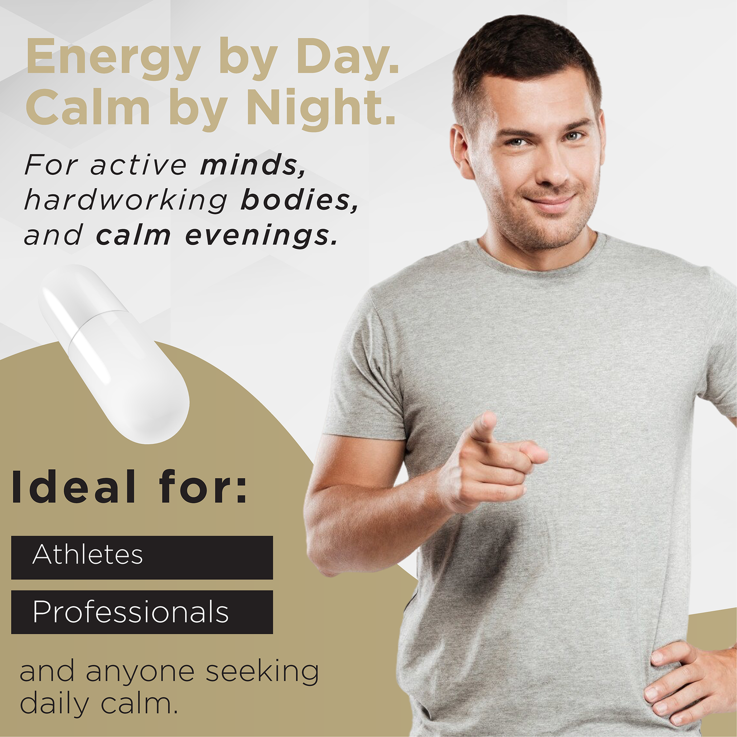 Man pointing to a product with text about energy and calm, ideal for athletes and professionals.