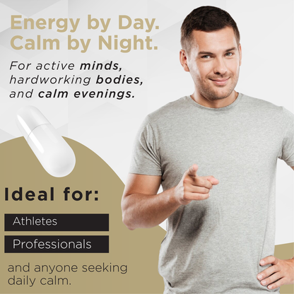 Man pointing to a product with text about energy and calm, ideal for athletes and professionals.