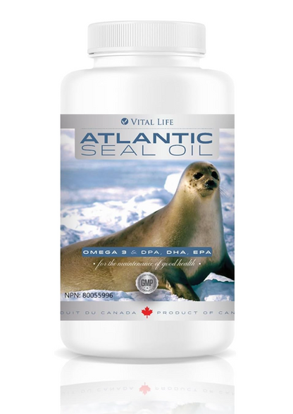 Vital Life Atlantic Seal Oil supplement bottle with a seal on the label against a white background
